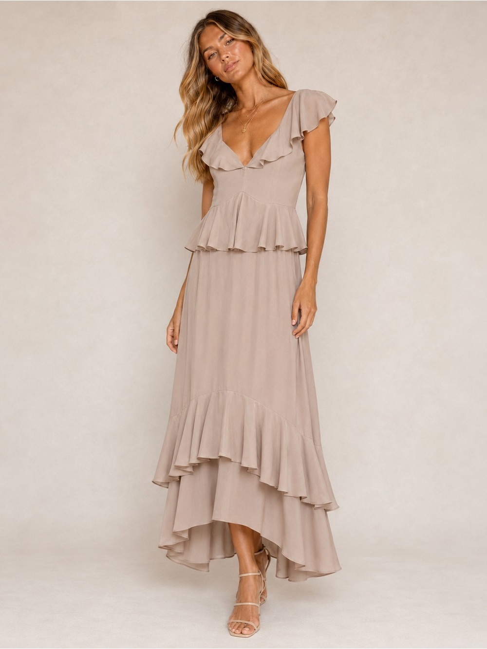 Show Me Your Mumu Ressa Ruffle Maxi Dress M Taupe Romantic Boho Wedding